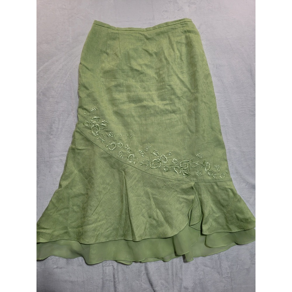 Vintage Plaza South Skirt Womens 14P Green Linen Floral Embroidered Ruffle Midi